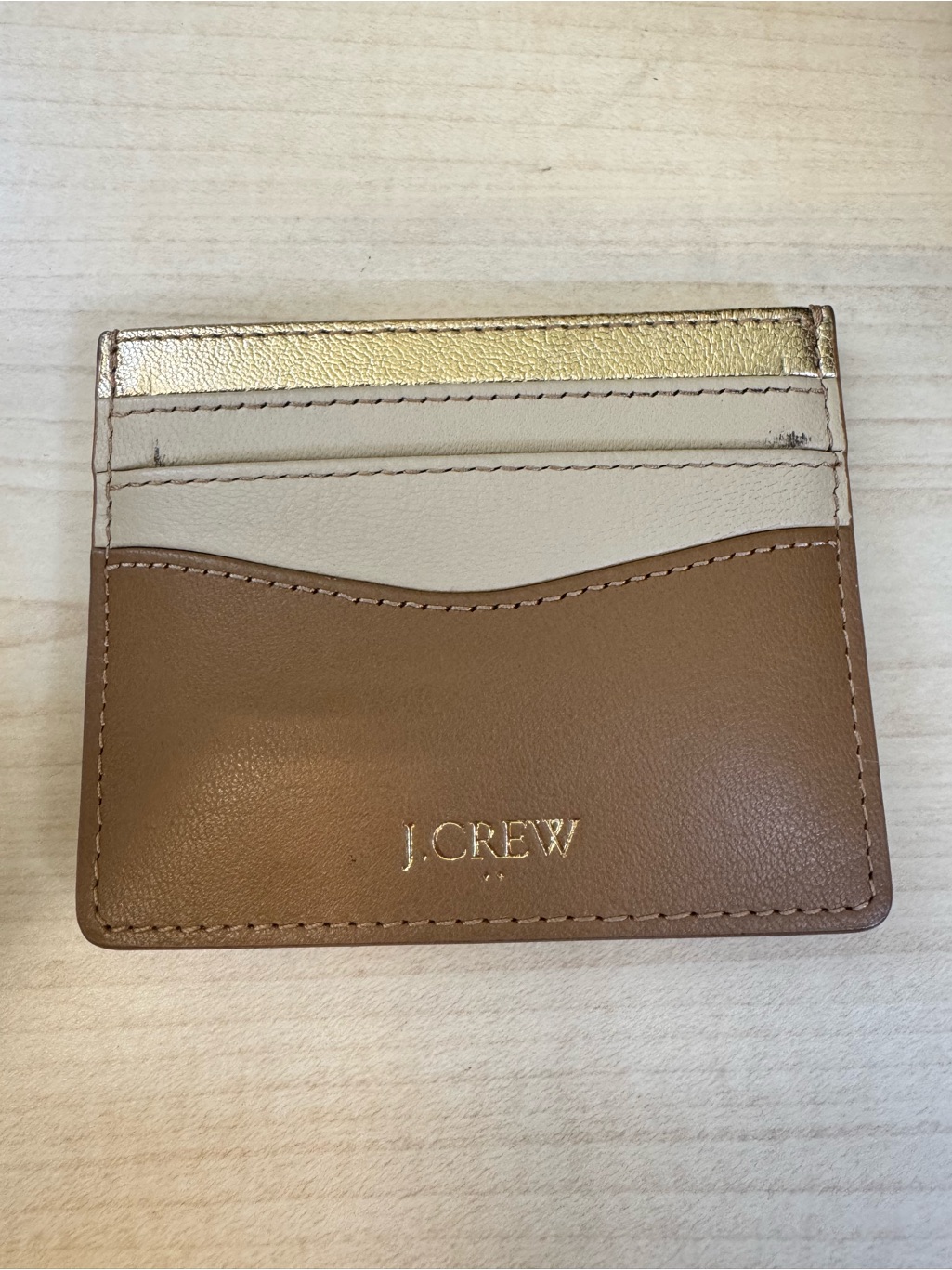 J Crew Brown Cream  Gold Leather Card Holder